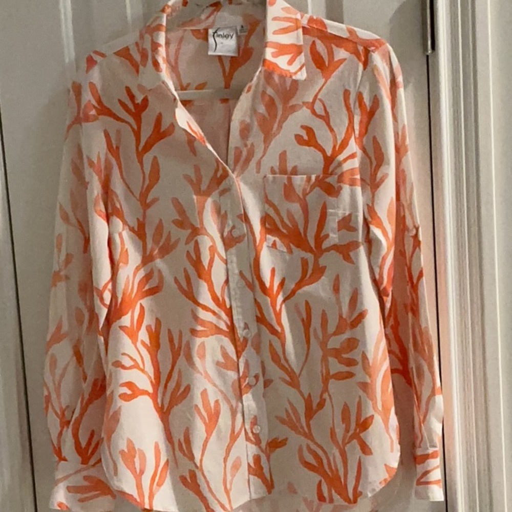 Finley Coral-Print Button-Down Shirt in Orange and White